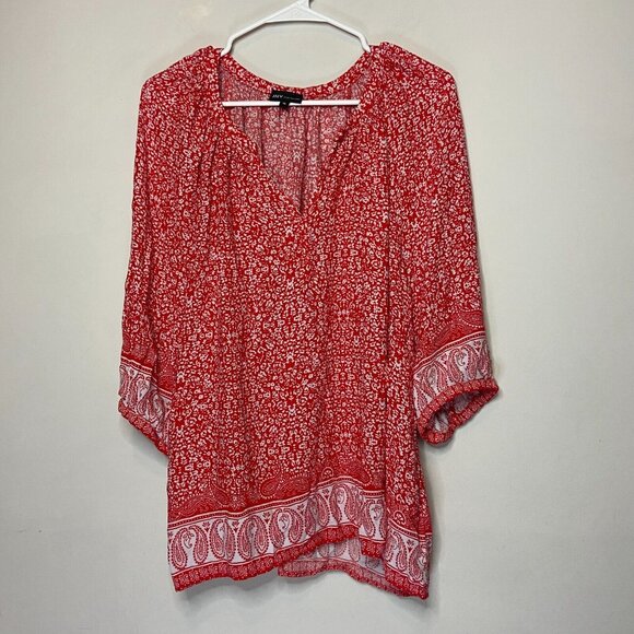 Jones New York Women 1X Floral Blouse Pullover Red Smocked V Neck Lightweight - Picture 1 of 9